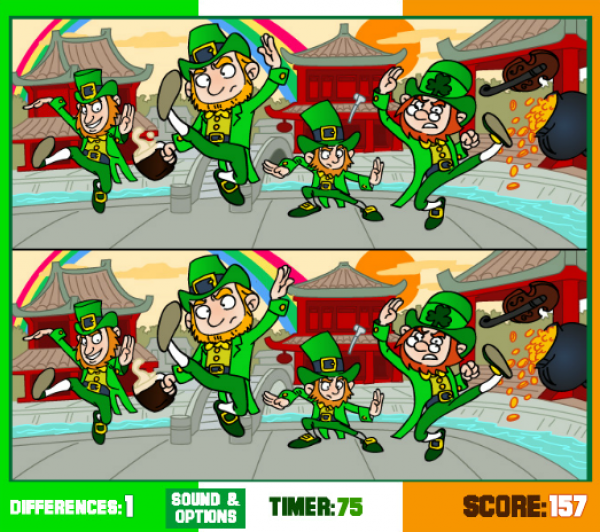 Find day. Лепрекон игра. Лепрекон играет на. Patrick's Day games find differences.